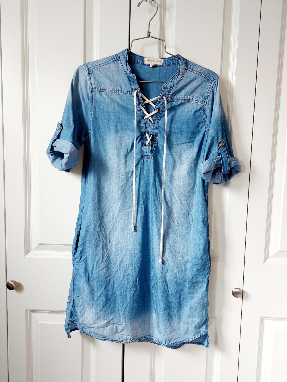 Beachy Boho Lace Up Chambray/Denim Dress Small Cloth & Stone Coastal Cover up
